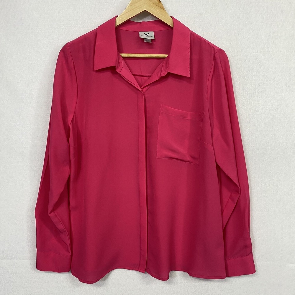 Worthington Women PL Button Down Blouse Pink Long Sleeve Pocket Career Top